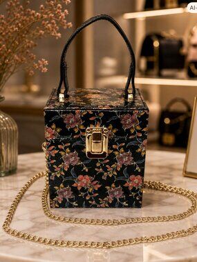 Black Floral Box Crossbody Bag with Gold Chain Strap- # 012